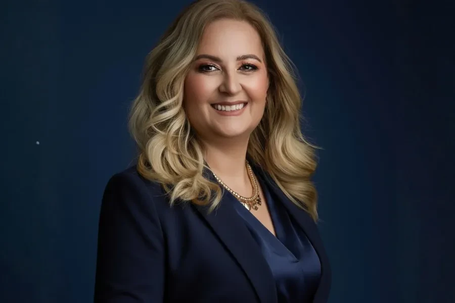 Fotografia profissional de uma mulher de cabelo loiro e comprido, com blazer azul-escuro e camisa clara, de braços cruzados e sorriso confiante, sobre fundo azul.