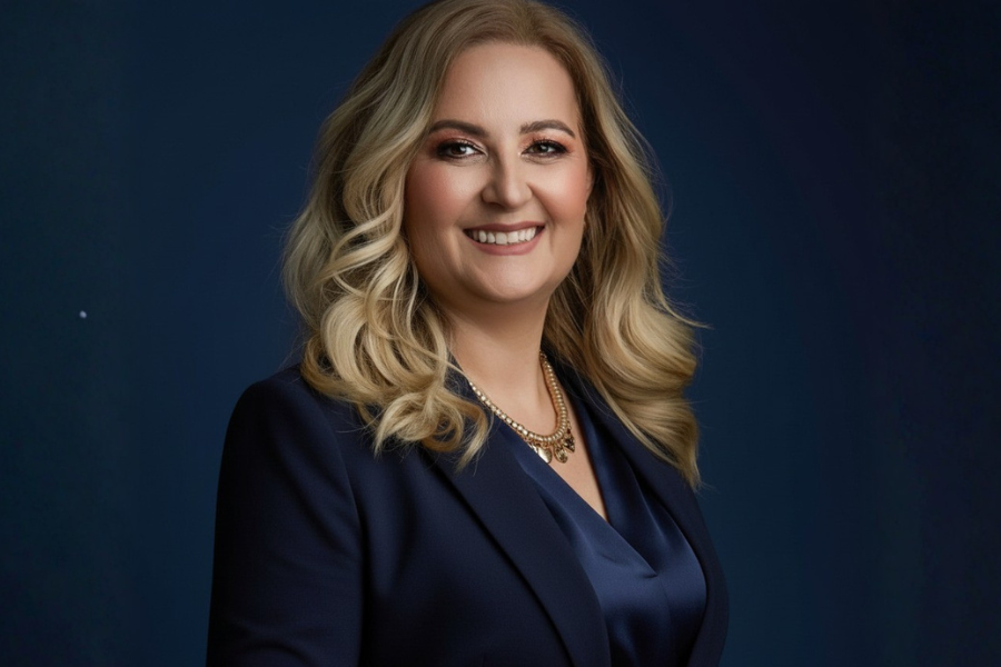 Fotografia profissional de uma mulher de cabelo loiro e comprido, com blazer azul-escuro e camisa clara, de braços cruzados e sorriso confiante, sobre fundo azul.