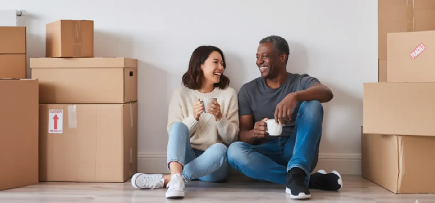  Casal sorridente, um homem e uma mulher, sentados no chão de uma divisão com muitas caixas de cartão empilhadas à volta, a beber algo em canecas, possivelmente após se mudarem para uma nova casa.